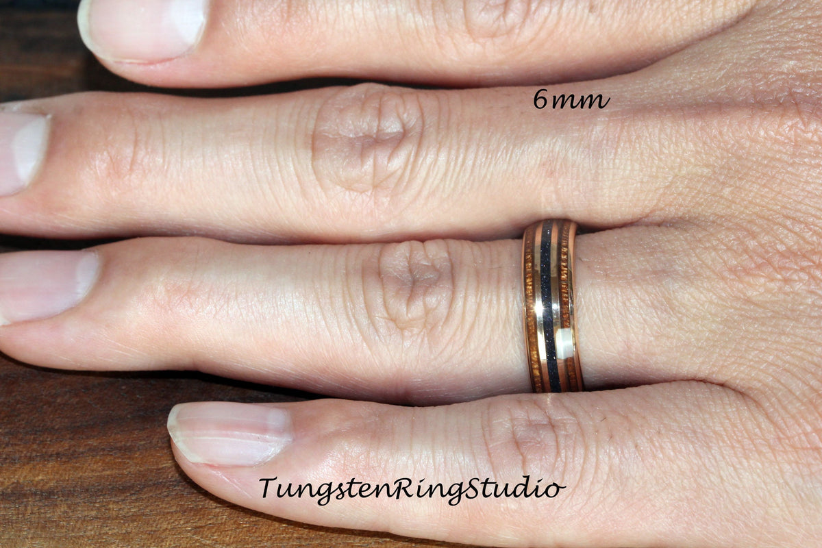 Blue Ring, Nebula Koa Wood Rose Gold Tungsten Wedding Ring Blue Sandstone 8mm tungsten carbide ring Mens Ring Mans Womens Anniversary Ring