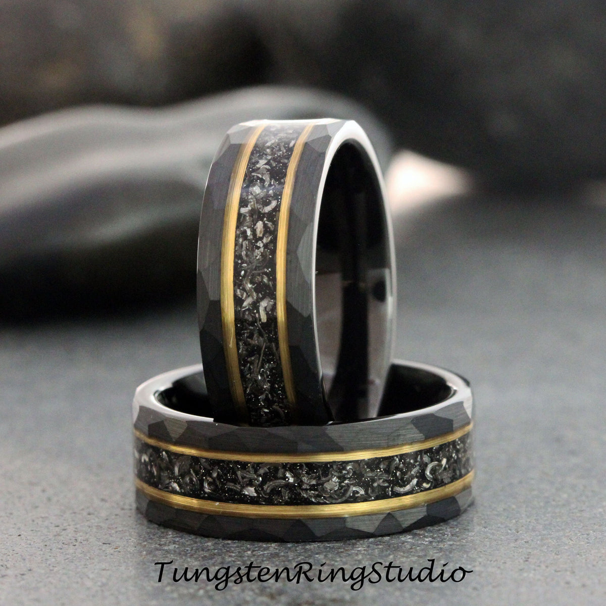 Mens Hammered Meteorite Ring, Hammered Yellow Gold Strip Black Tungsten Wedding Ring Gibeon Band Anniversary Mans Ring Interstellar Ring