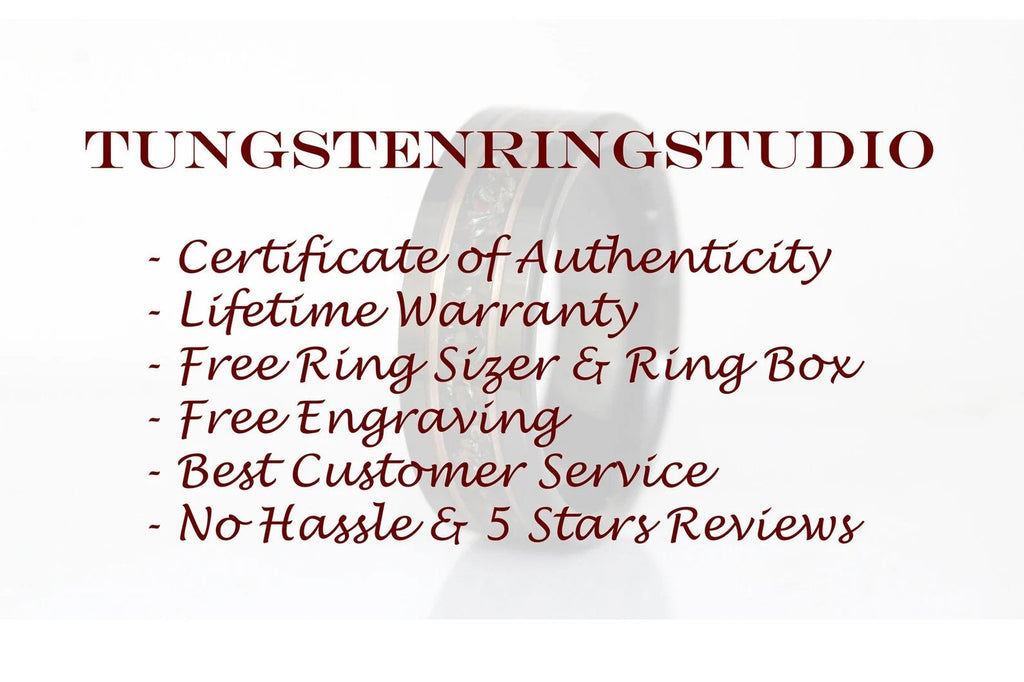 May include: A close-up of a tungsten ring with a wood inlay. The ring is on a white background with the text "TUNGSTENRINGSTUDIO" and a list of benefits: Certificate of Authenticity, Lifetime Warranty, Free Ring Sizer &amp; Ring Box, Free Engraving, Best Customer Service, No Hassle &amp; 5 Stars Reviews.