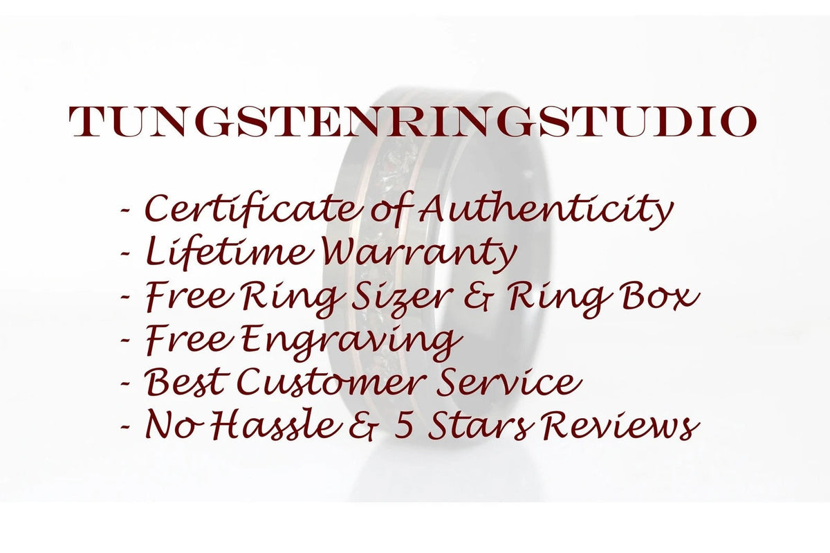 May include: A close-up of a tungsten ring with a wood inlay. The ring is on a white background with the text "TUNGSTENRINGSTUDIO" and a list of benefits: Certificate of Authenticity, Lifetime Warranty, Free Ring Sizer &amp; Ring Box, Free Engraving, Best Customer Service, No Hassle &amp; 5 Stars Reviews.