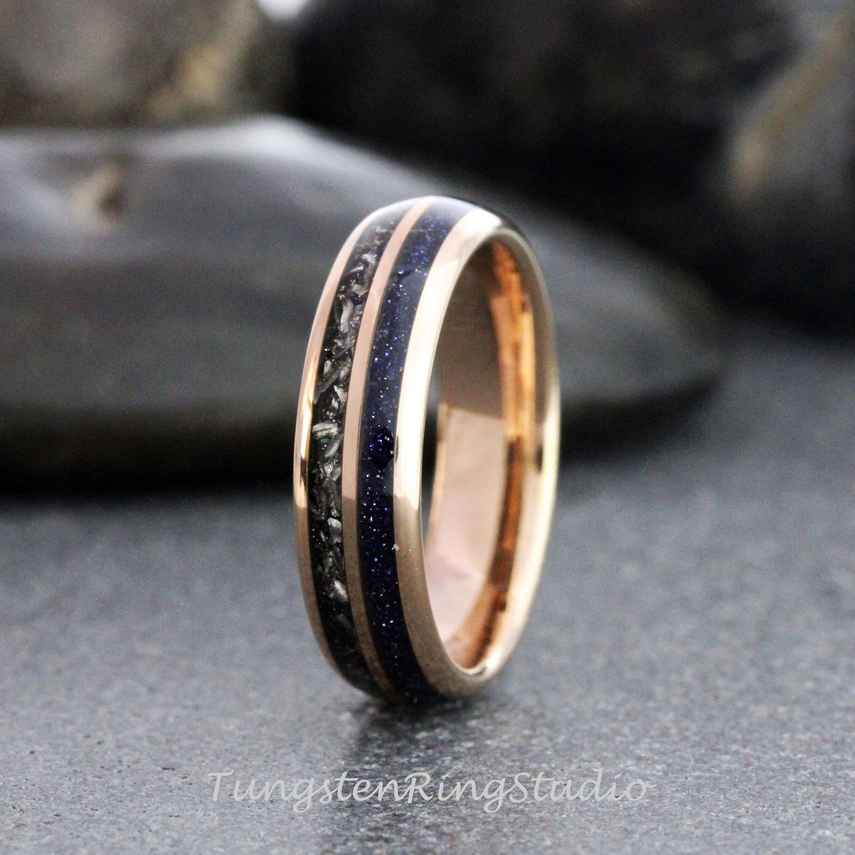 6mm - 8mm Meteorite Nebula Ring Rose Gold Ring Band Men Women Outer Space Ring Wedding Ring Anniversary Doom Comfort Fit Tungsten Ring