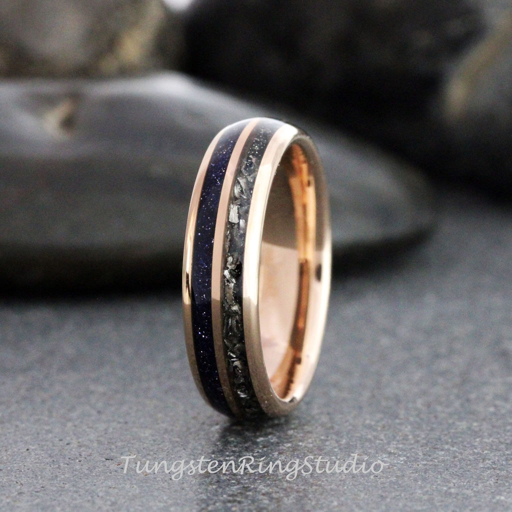 6mm - 8mm Meteorite Nebula Ring Rose Gold Ring Band Men Women Outer Space Ring Wedding Ring Anniversary Doom Comfort Fit Tungsten Ring