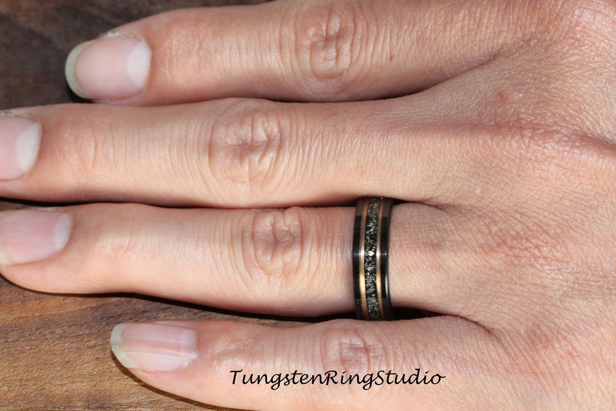 Meteorite Ring Set, His and Hers Ring Rose Gold Strips Black Tungsten Wedding Ring Carbide Matching Set Anniversary Ring Mens Men & Women