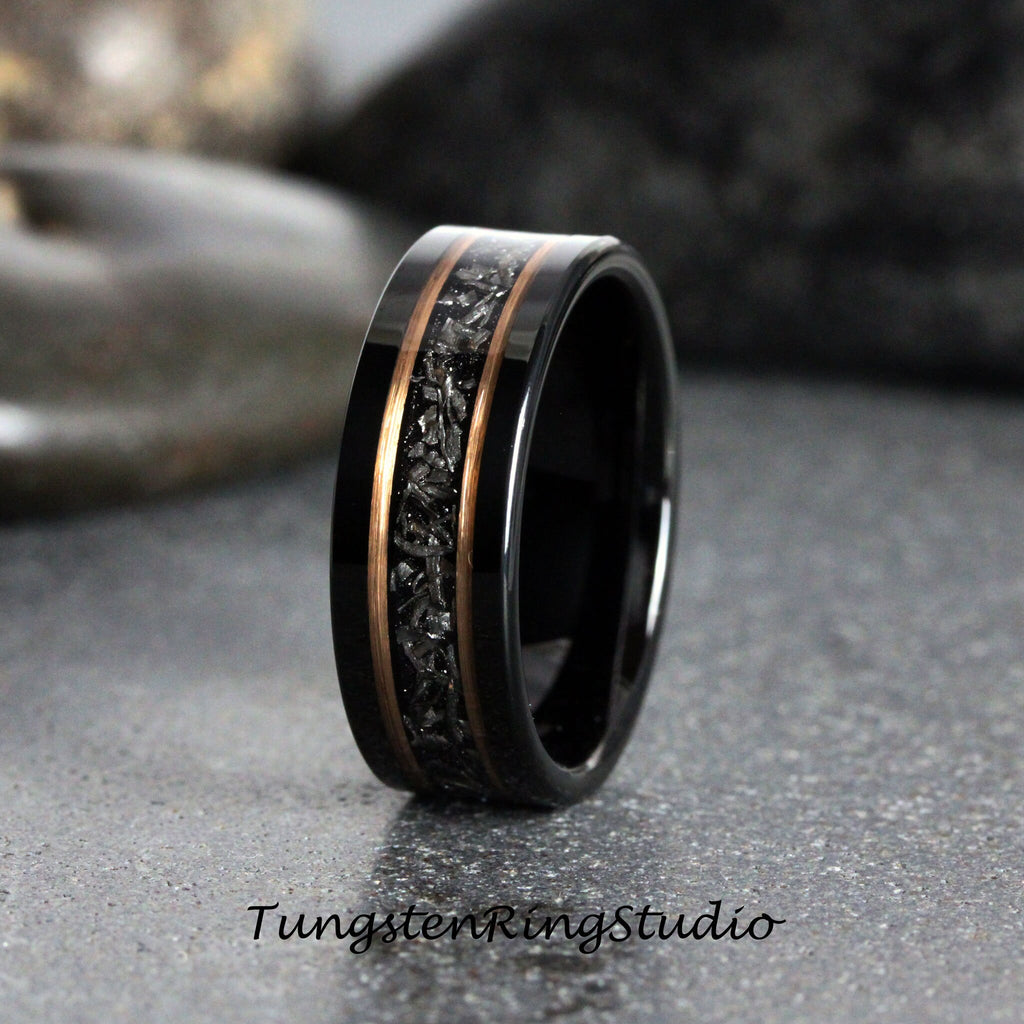 Meteorite Ring Set, His and Hers Ring Rose Gold Strips Black Tungsten Wedding Ring Carbide Matching Set Anniversary Ring Mens Men & Women