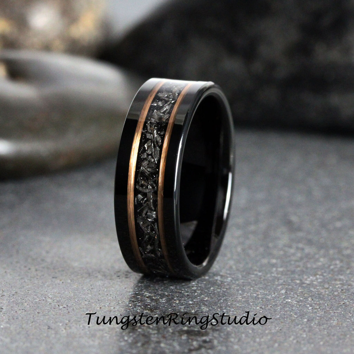 Meteorite Ring Set, His and Hers Ring Rose Gold Strips Black Tungsten Wedding Ring Carbide Matching Set Anniversary Ring Mens Men & Women