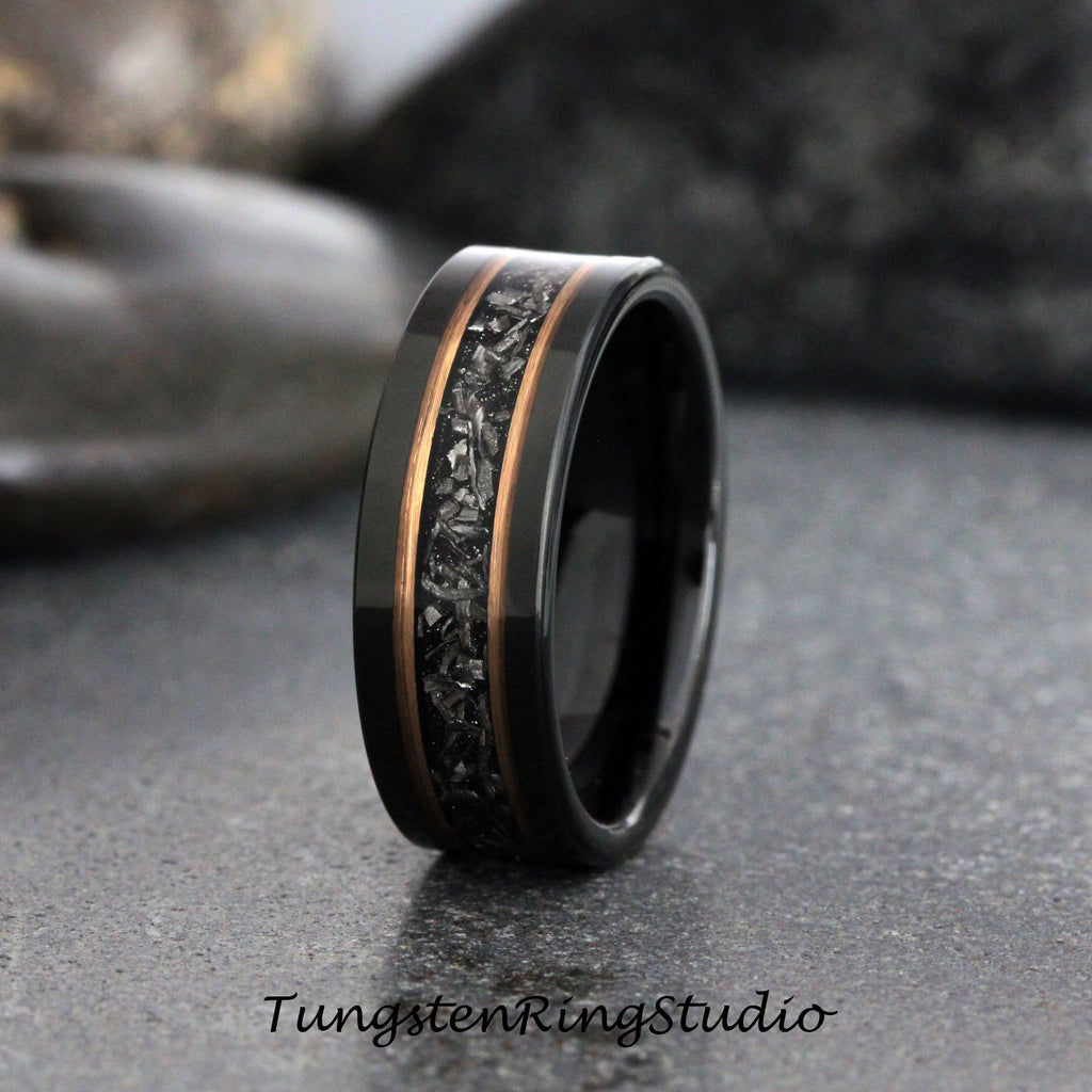 Meteorite Ring Set, His and Hers Ring Rose Gold Strips Black Tungsten Wedding Ring Carbide Matching Set Anniversary Ring Mens Men & Women