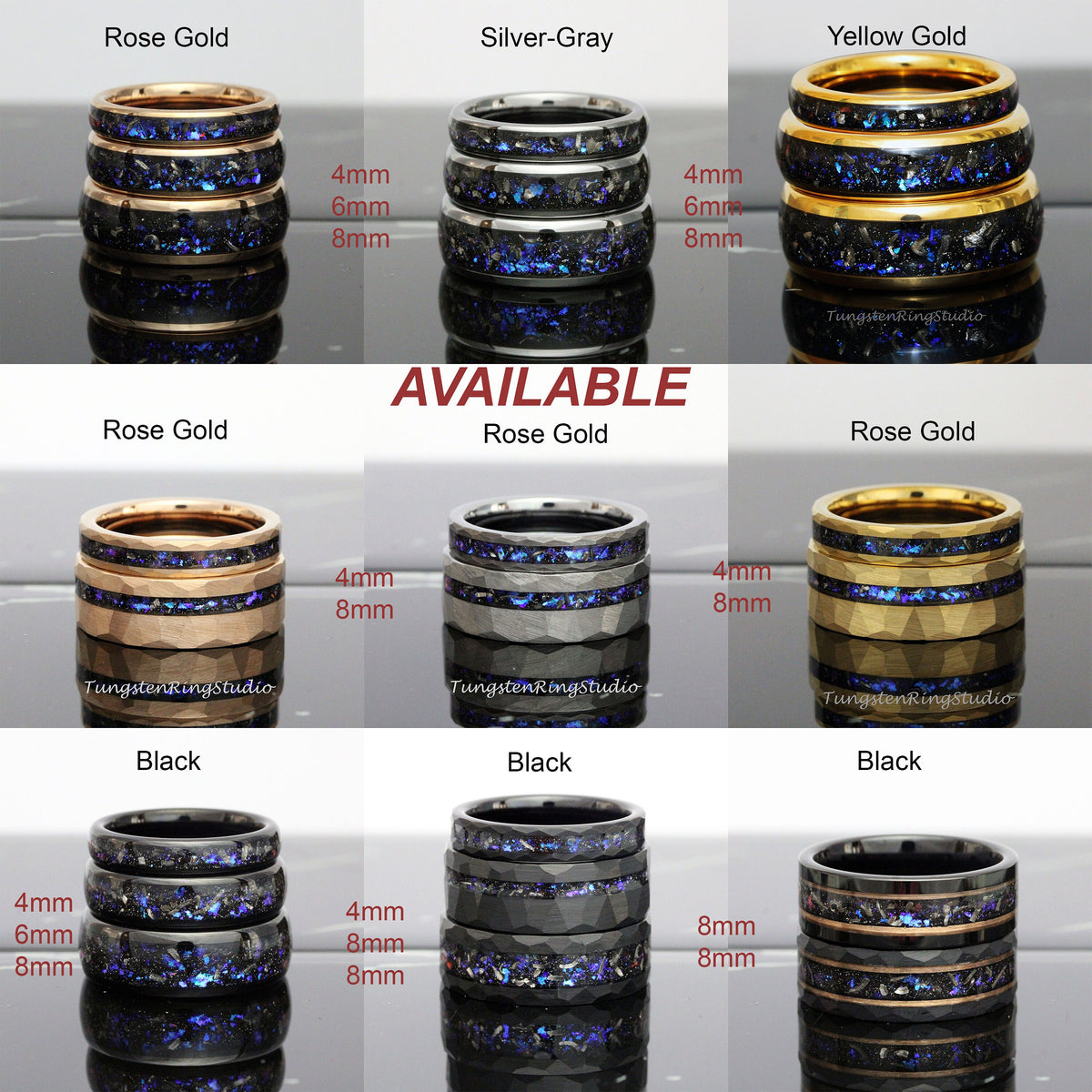 May include: A set of three tungsten carbide rings in various colors, including rose gold, silver-gray, yellow gold, and black. Each ring has a blue and black inlay and is available in 4mm, 6mm, and 8mm widths. The rings are displayed on a white background.