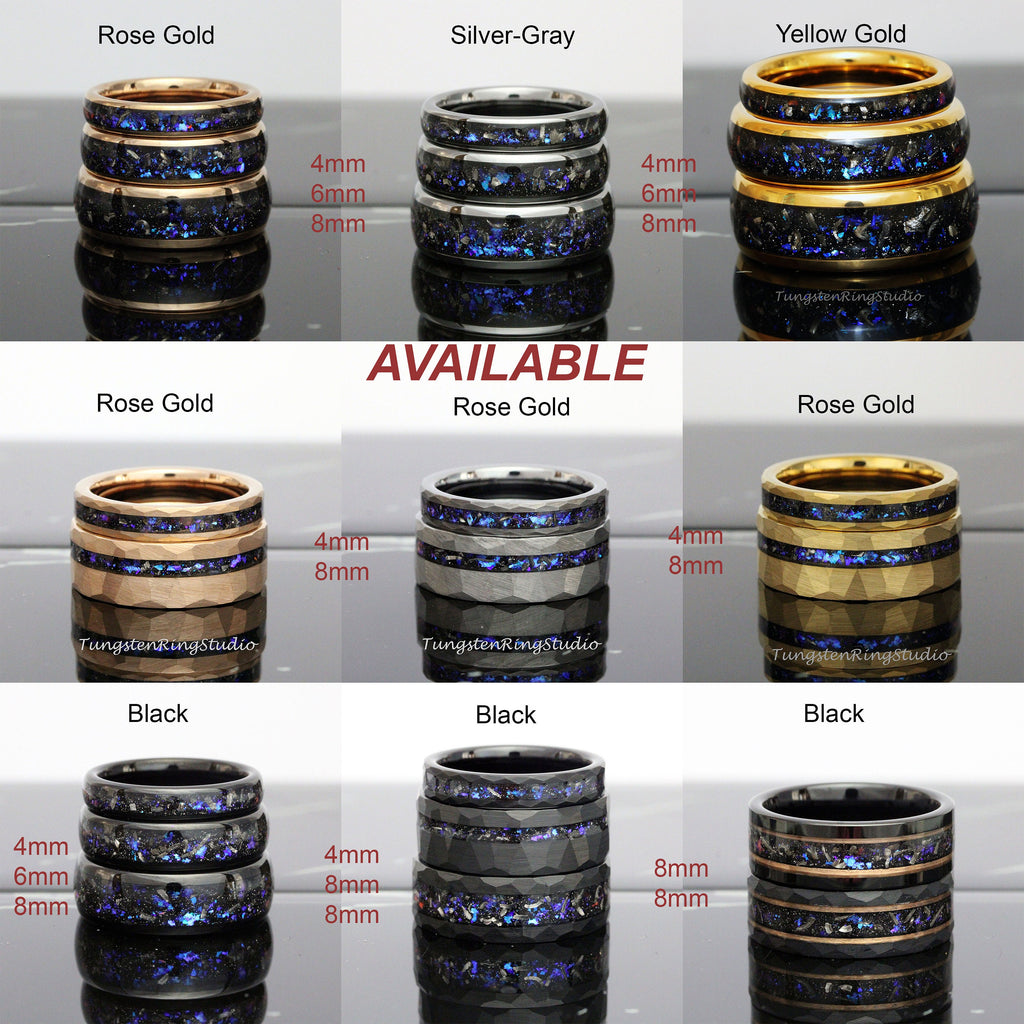 May include: A set of three tungsten carbide rings in various colors, including rose gold, silver-gray, yellow gold, and black. Each ring has a blue and black inlay and is available in 4mm, 6mm, and 8mm widths. The rings are displayed on a white background.