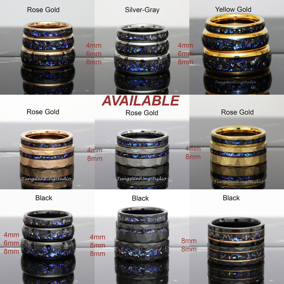 May include: A set of three tungsten carbide rings in various colors, including rose gold, silver-gray, yellow gold, and black. Each ring has a blue and black inlay and is available in 4mm, 6mm, and 8mm widths. The rings are displayed on a white background.