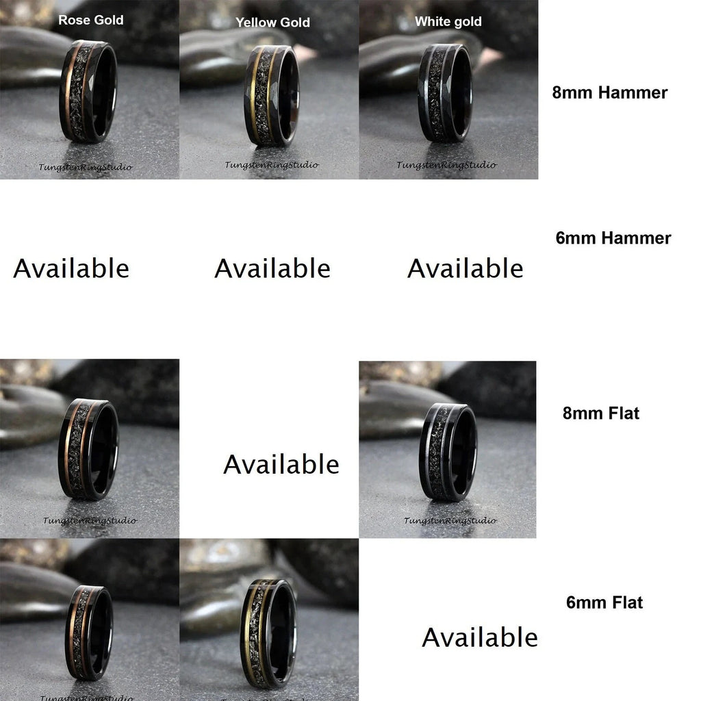 May include: Black tungsten carbide rings with a hammered or flat finish and a rose gold, yellow gold, or white gold inlay. The rings are available in 6mm and 8mm widths.