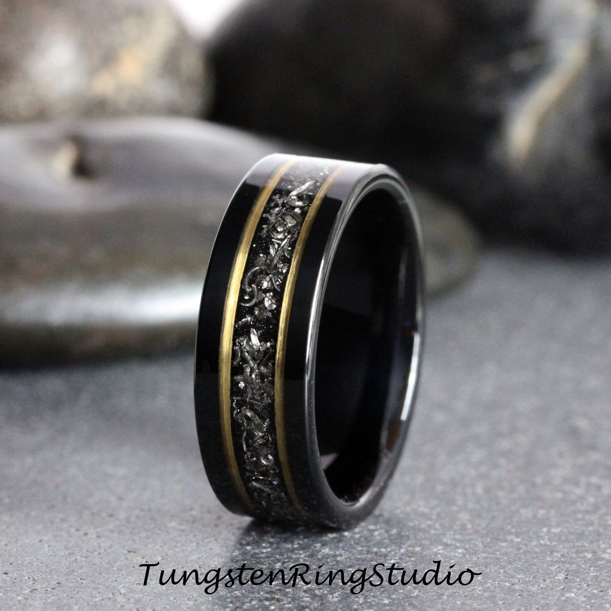 Meteorite Yellow Gold Strip Black Tungsten Wedding Ring Stripe Gibeon Meteorite Band Anniversary Men Women Ring Interstellar Black Ring