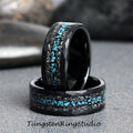 May include: Two black tungsten carbide rings with a hammered finish and a turquoise inlay. The rings are stacked on top of each other.