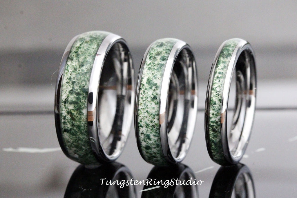 Moss Agate Silver Gray Ring Polish Tungsten Wedding Ring 8mm 6mm 4 mm Moss Agate Ring Mens Ring Men & Women
