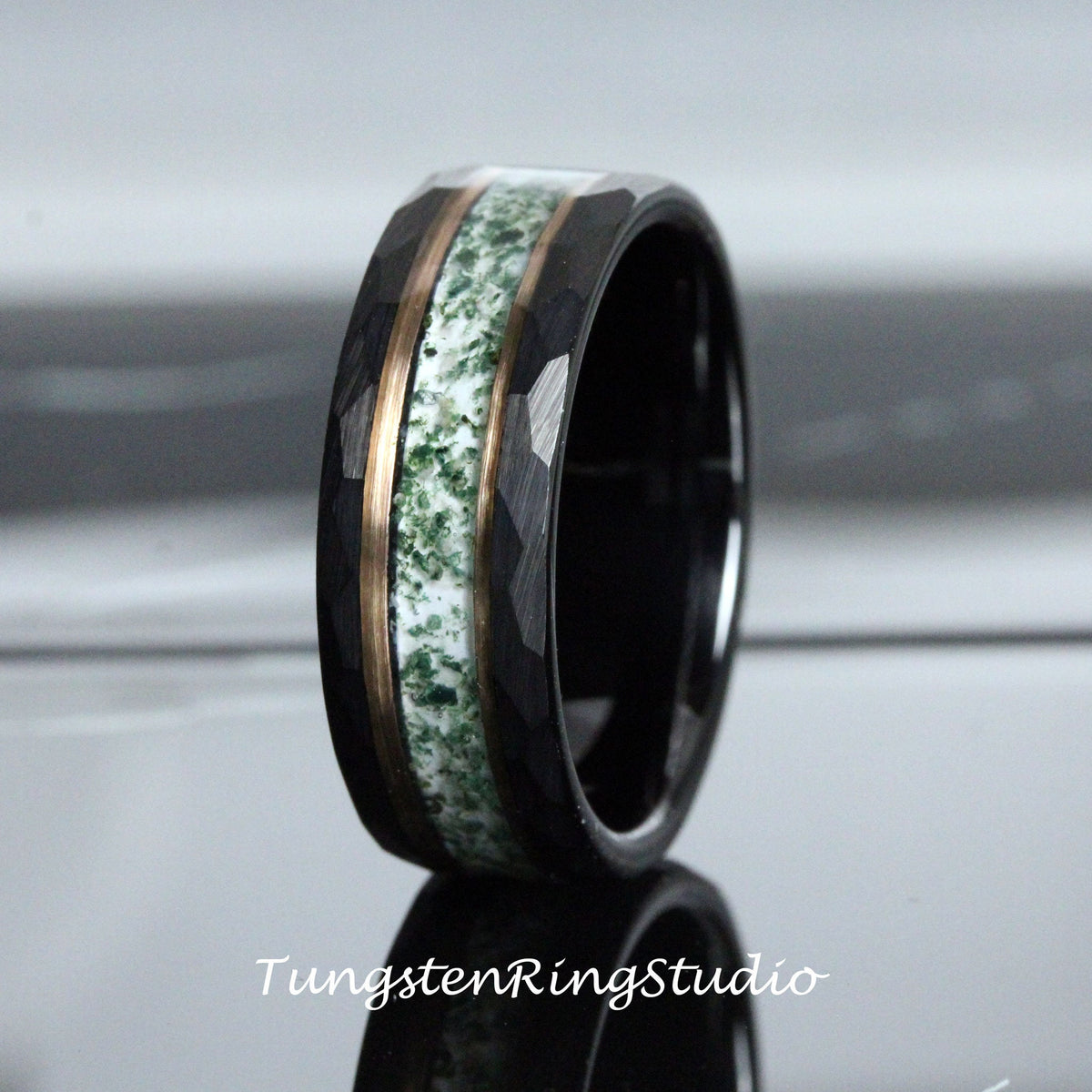 6mm Moss Men Ring Green Moss Agate Black Hammer Rose Gold Accent Ring 8mm Tungsten Wedding Ring  Men Wedding Band Mens