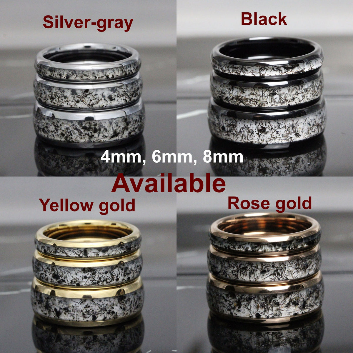 May include: Three stacked rings in silver-gray, black, yellow gold, and rose gold with a black and white speckled pattern. The rings are available in 4mm, 6mm, and 8mm widths.