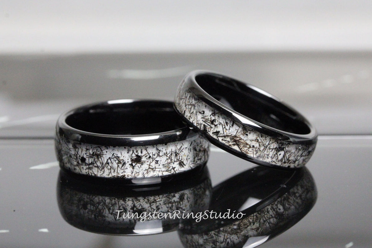 Black Rutilated Quartz Ring Set Matching His and Her Wedding Ring 4mm 6mm 8mm Rutilated Wedding Mens Ring Men & Women Polished Dome Stones