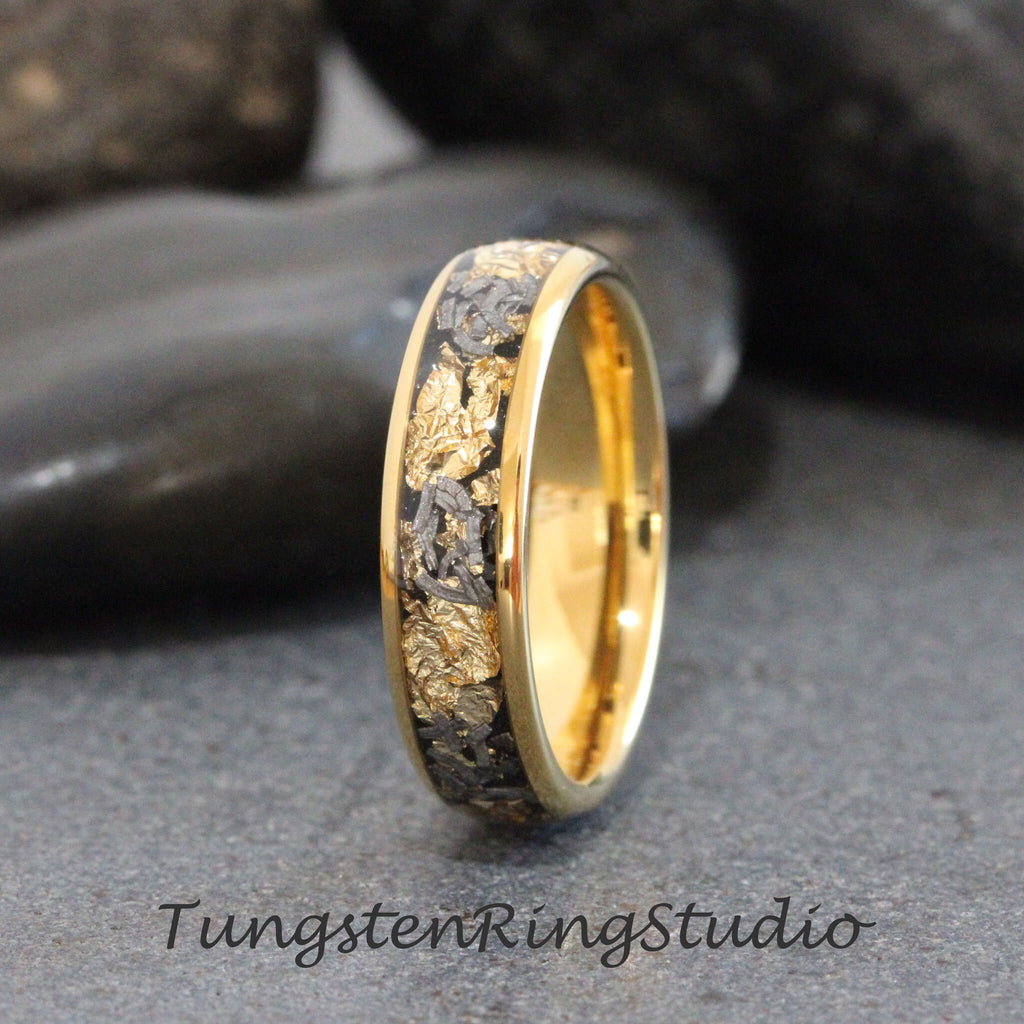 Dainty Women Gold Leaf Meteorite Ring, Wedding Gold Foil Meteorite 4mm 6mm 8mm Ring Meteorite Foil Leaf Ring Mens Wedding Rings Gold Accent