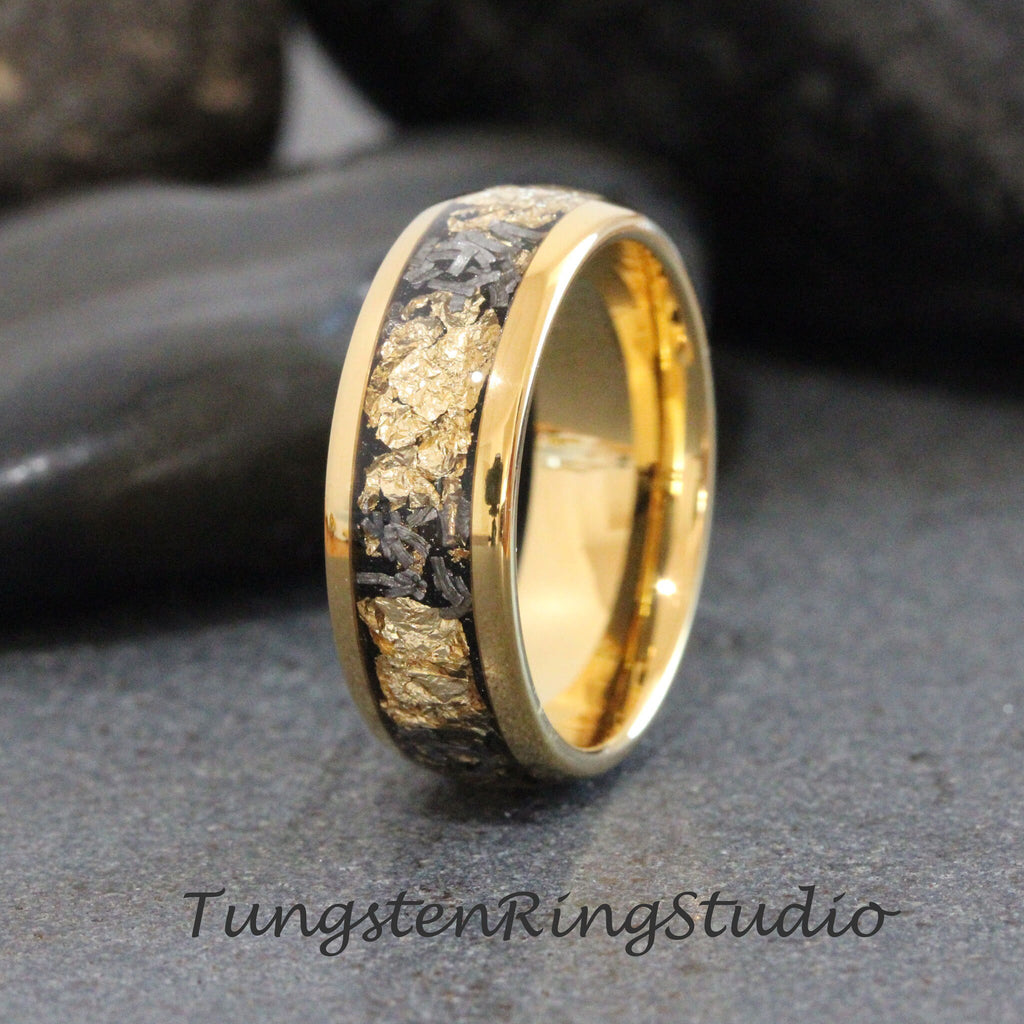 Dainty Women Gold Leaf Meteorite Ring, Wedding Gold Foil Meteorite 4mm 6mm 8mm Ring Meteorite Foil Leaf Ring Mens Wedding Rings Gold Accent