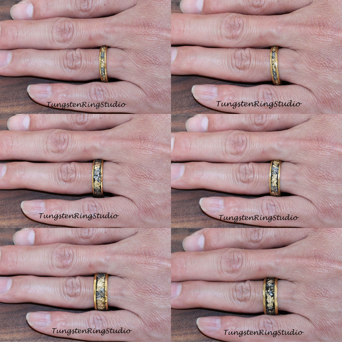 May include: A close-up of a gold and black tungsten carbide ring with a unique pattern. The ring is shown on a model's finger. TungstenRingStudio is printed on the image.