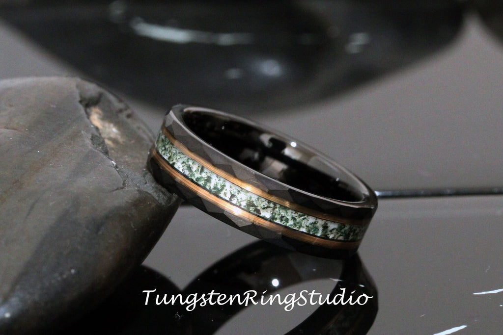 6mm Moss Men Ring Green Moss Agate Black Hammer Rose Gold Accent Ring 8mm Tungsten Wedding Ring  Men Wedding Band Mens