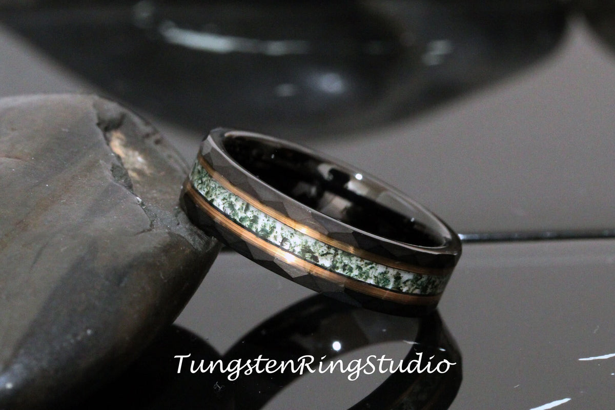 6mm Moss Men Ring Green Moss Agate Black Hammer Rose Gold Accent Ring 8mm Tungsten Wedding Ring  Men Wedding Band Mens