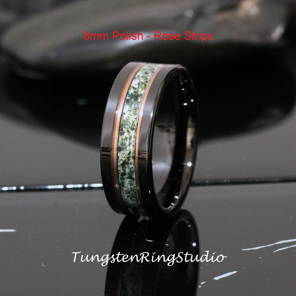 6mm Moss Men Ring Green Moss Agate Black Hammer Rose Gold Accent Ring 8mm Tungsten Wedding Ring  Men Wedding Band Mens