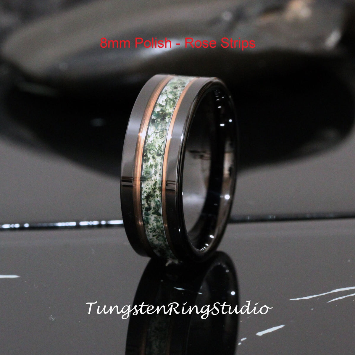 6mm Moss Men Ring Green Moss Agate Black Hammer Rose Gold Accent Ring 8mm Tungsten Wedding Ring  Men Wedding Band Mens