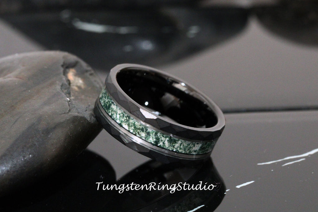 Moss White Gold Accent Green Moss Agate Black Hammer Ring 8mm Tungsten Wedding Ring  Men Wedding Band Moss Black Ring Mens Ring