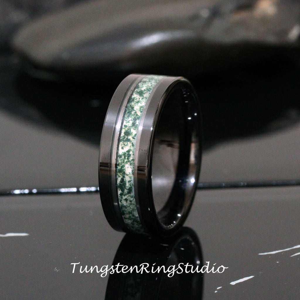 Moss White Gold Accent Green Moss Agate Black Hammer Ring 8mm Tungsten Wedding Ring  Men Wedding Band Moss Black Ring Mens Ring