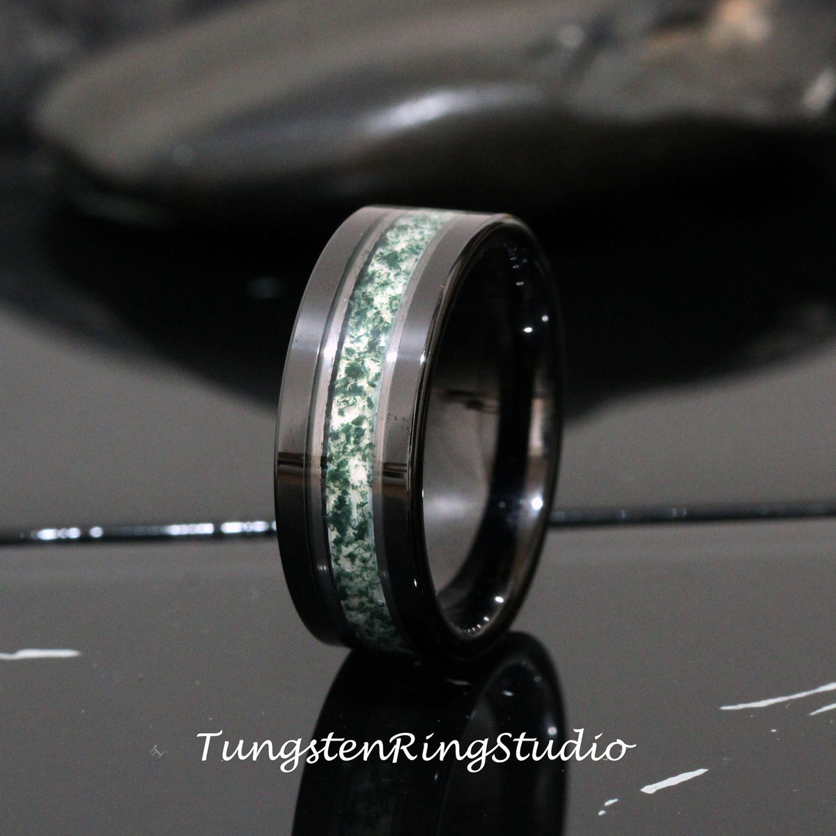 Moss White Gold Accent Green Moss Agate Black Hammer Ring 8mm Tungsten Wedding Ring  Men Wedding Band Moss Black Ring Mens Ring