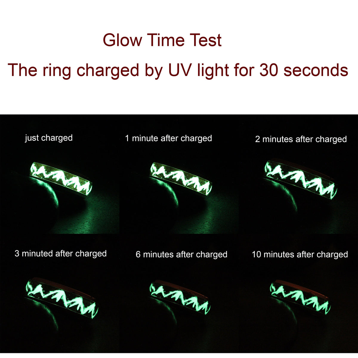May include: A glow-in-the-dark ring with a mountain design. The ring is shown glowing in the dark at different time intervals after being charged with UV light for 30 seconds. The ring glows brightly at first and gradually fades over time.