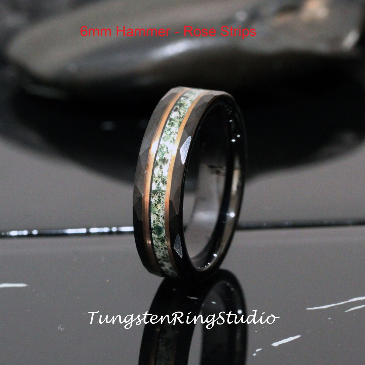 6mm Moss Men Ring Green Moss Agate Black Hammer Rose Gold Accent Ring 8mm Tungsten Wedding Ring  Men Wedding Band Mens
