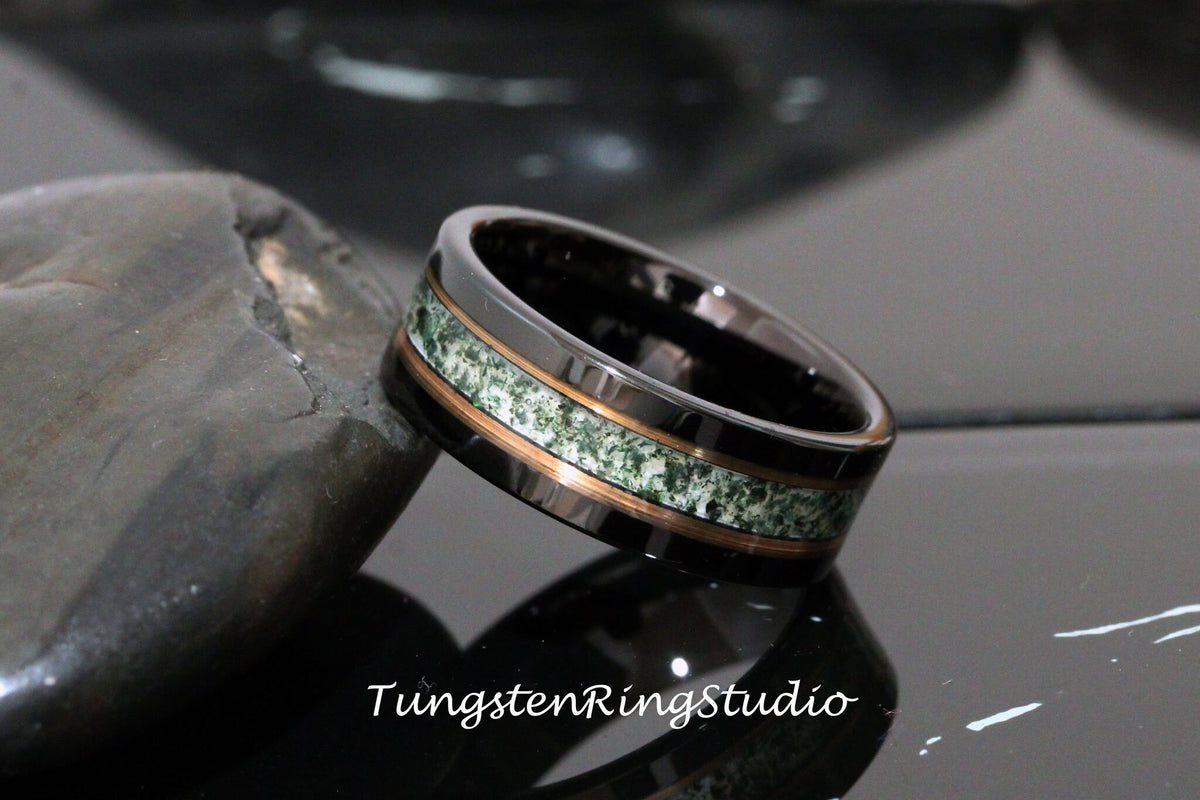 Polish Green Moss Agate Black Rose Gold Accent Ring 8mm Tungsten Wedding Ring  Men Wedding Band Moss Agate Black Ring Mens Ring