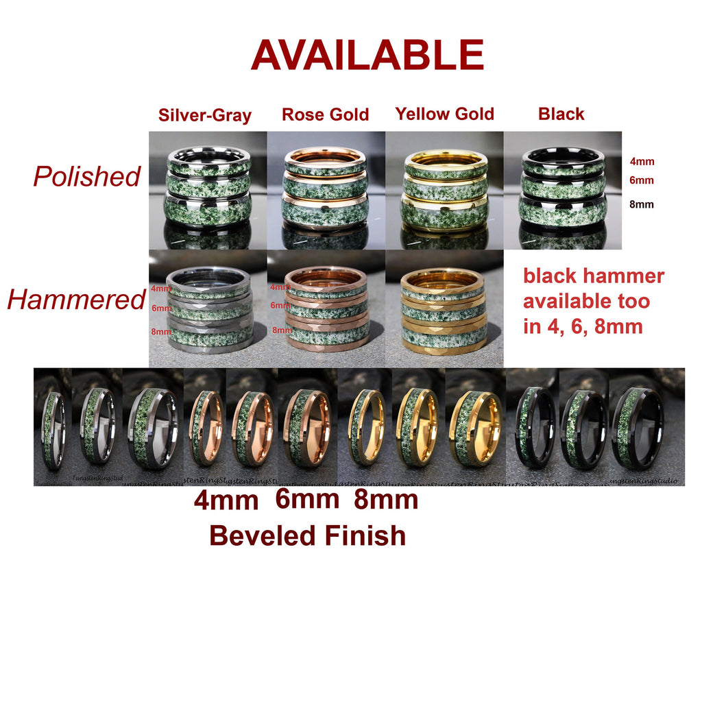 May include: An assortment of rings in silver-gray, rose gold, yellow gold, and black. The rings are available in polished and hammered finishes, with a beveled finish option. Sizes include 4mm, 6mm, and 8mm. The word "AVAILABLE" is at the top.