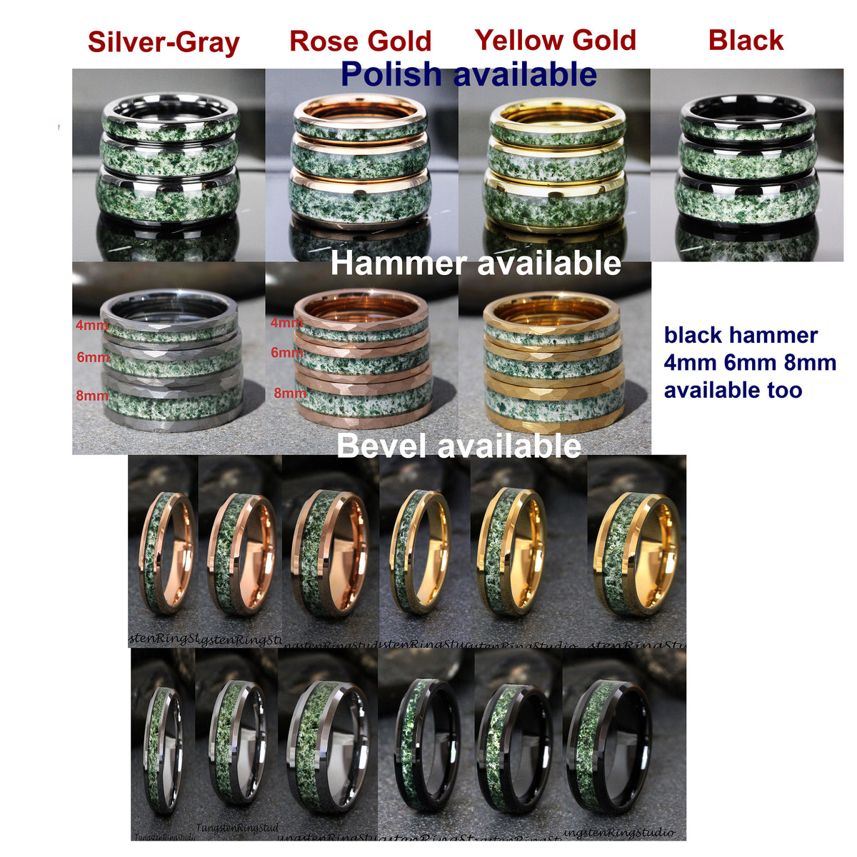 May include: A set of tungsten carbide rings with a green and black speckled pattern. The rings are available in silver-gray, rose gold, yellow gold, and black. The rings are available in 4mm, 6mm, and 8mm widths. The rings can be polished, hammered, or beveled.