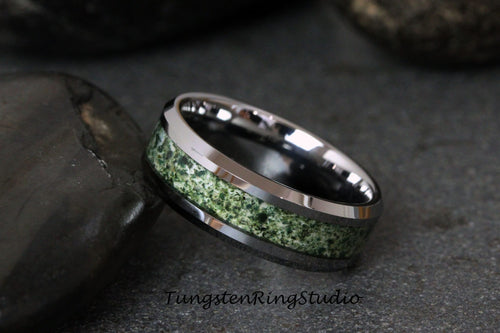 Beveled Moss Agate Ring Silver Gray Mens Green Tungsten Ring Polish Ring Womens Wedding Ring Band Anniversary Engagement Promise 4mm 6mm 8mm
