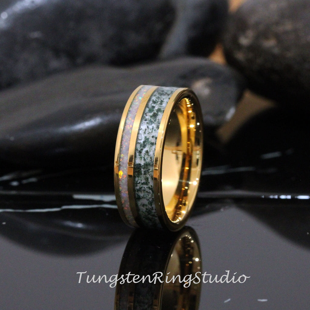 8mm yellow gold moss agate white opal men ring
Combo Moss Agate Fire White Opal Wedding Ring 8mm 6mm Yellow Gold Tungsten Wedding Ring Eco-Friendly Men Band Mens Ring Men & Women Ring