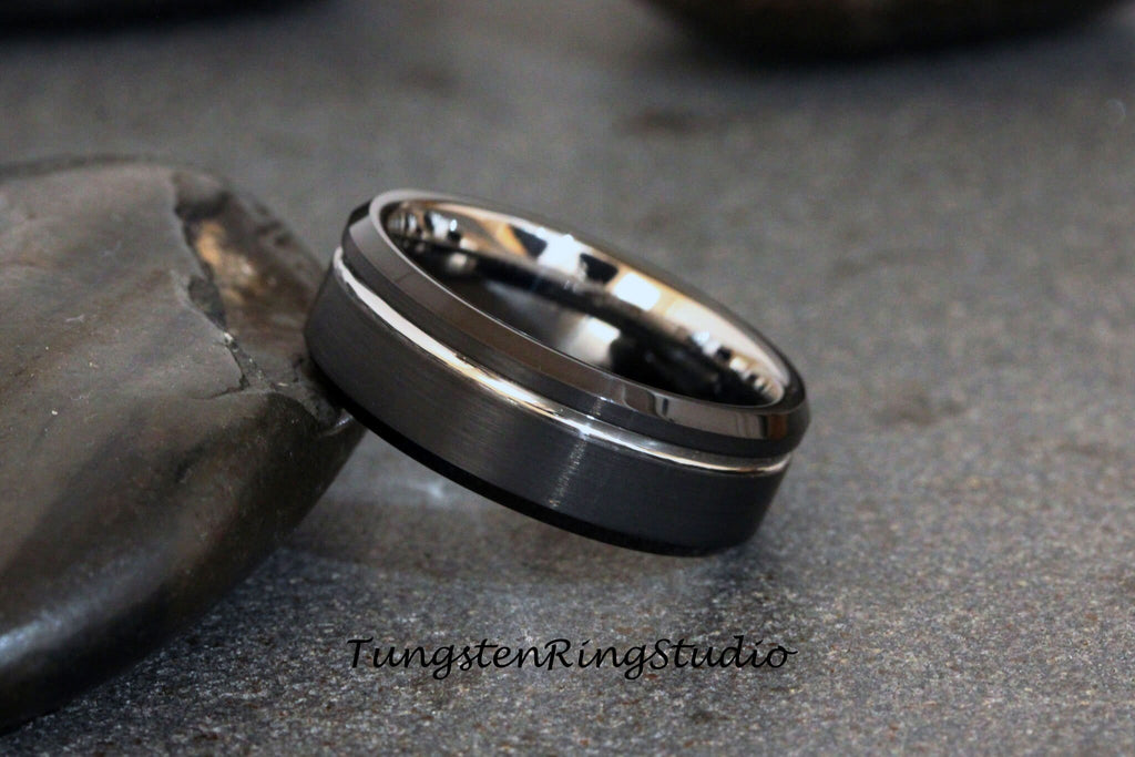 Black Beveled Ring White Gold Accent Mens Wedding Ring Brushed Tungsten Carbide Anniversary Band Rose Gold Strip Mens Ring 8mm Black Ring