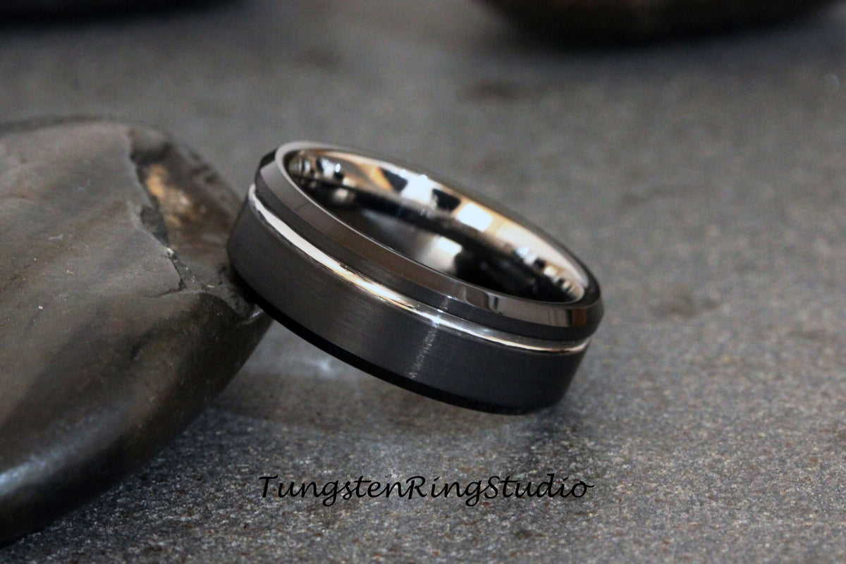 Black Beveled Ring White Gold Accent Mens Wedding Ring Brushed Tungsten Carbide Anniversary Band Rose Gold Strip Mens Ring 8mm Black Ring