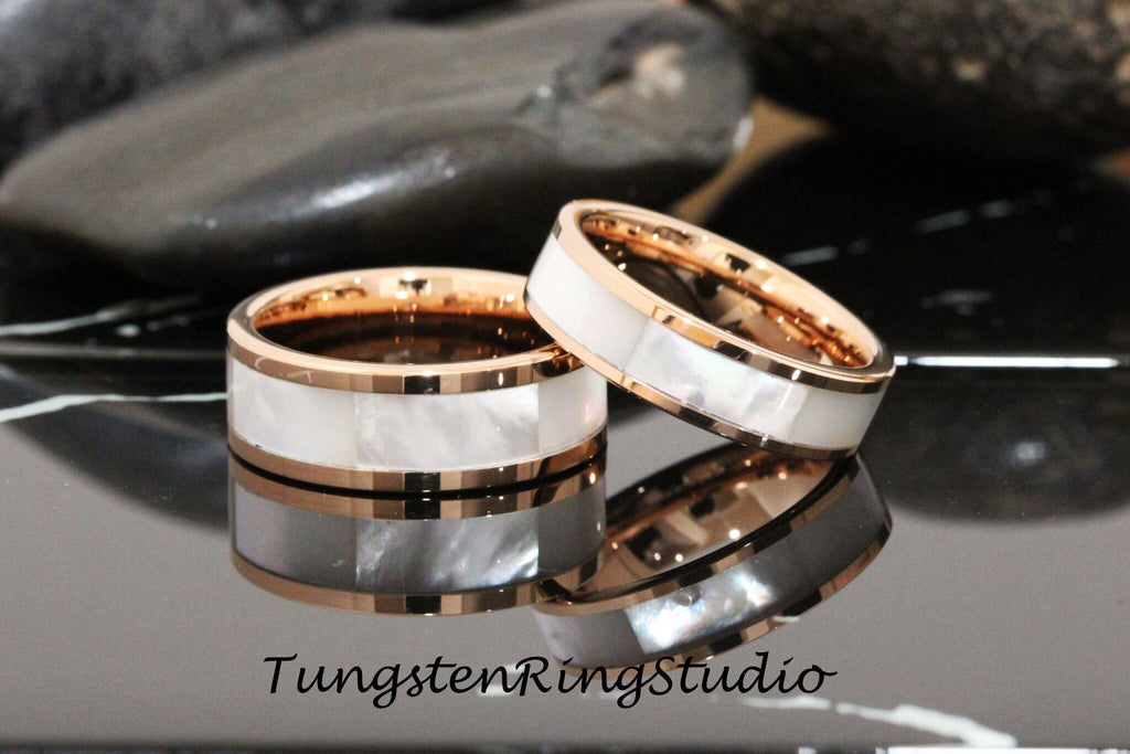 Mother of Pearl Rose Gold Tungsten Wedding Ring Band 4mm 6mm 8mm Rose Gold Minimalist Stackable Wedding Ring Anniversary Ring Gift For Her