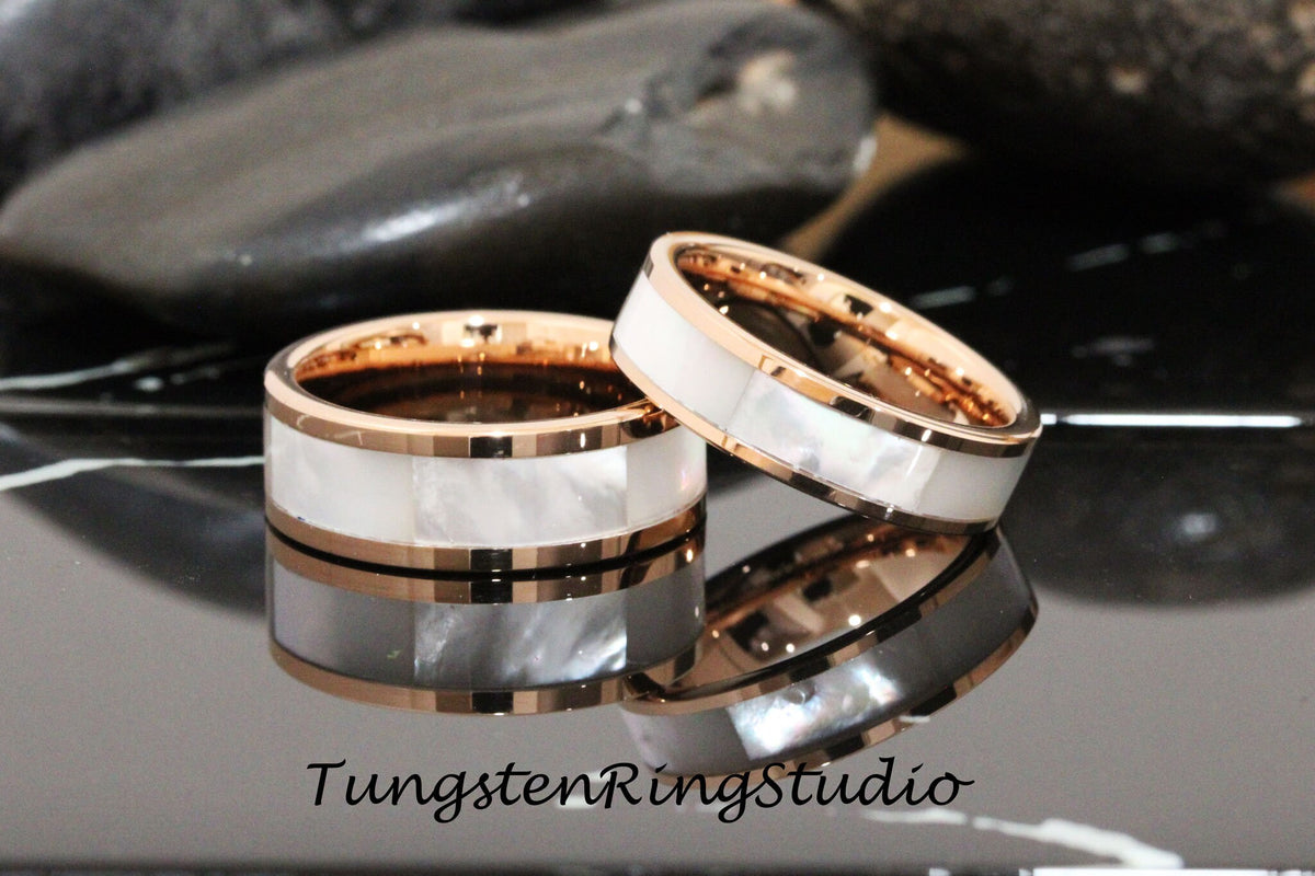Mother of Pearl Rose Gold Tungsten Wedding Ring Band 4mm 6mm 8mm Rose Gold Minimalist Stackable Wedding Ring Anniversary Ring Gift For Her
