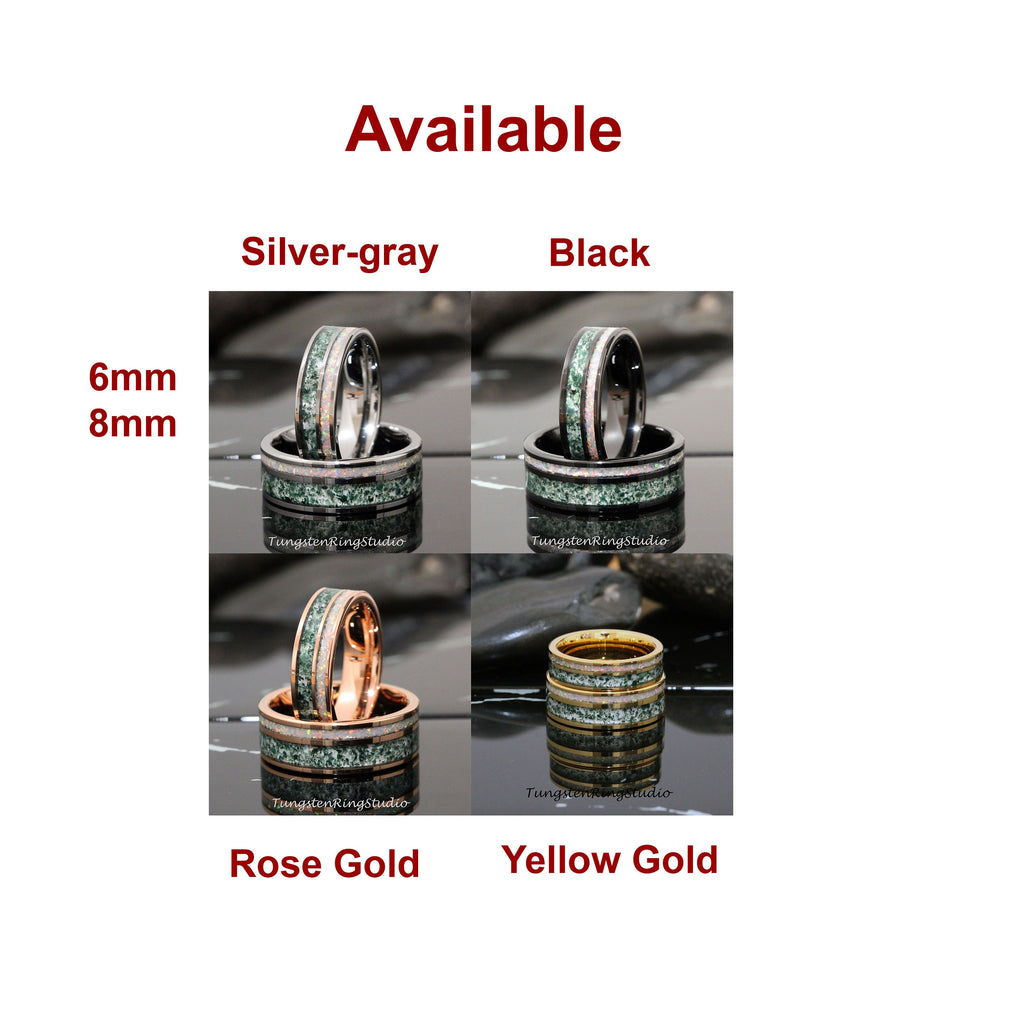 May include: Two tungsten carbide rings with a green inlay. The rings are available in silver-gray, black, rose gold, and yellow gold. The rings are 6mm and 8mm wide.