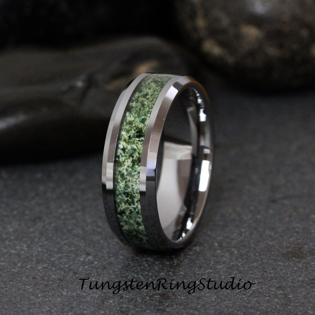 Beveled Moss Agate Ring Silver Gray Mens Green Tungsten Ring Polish Ring Womens Wedding Ring Band Anniversary Engagement Promise 4mm 6mm 8mm