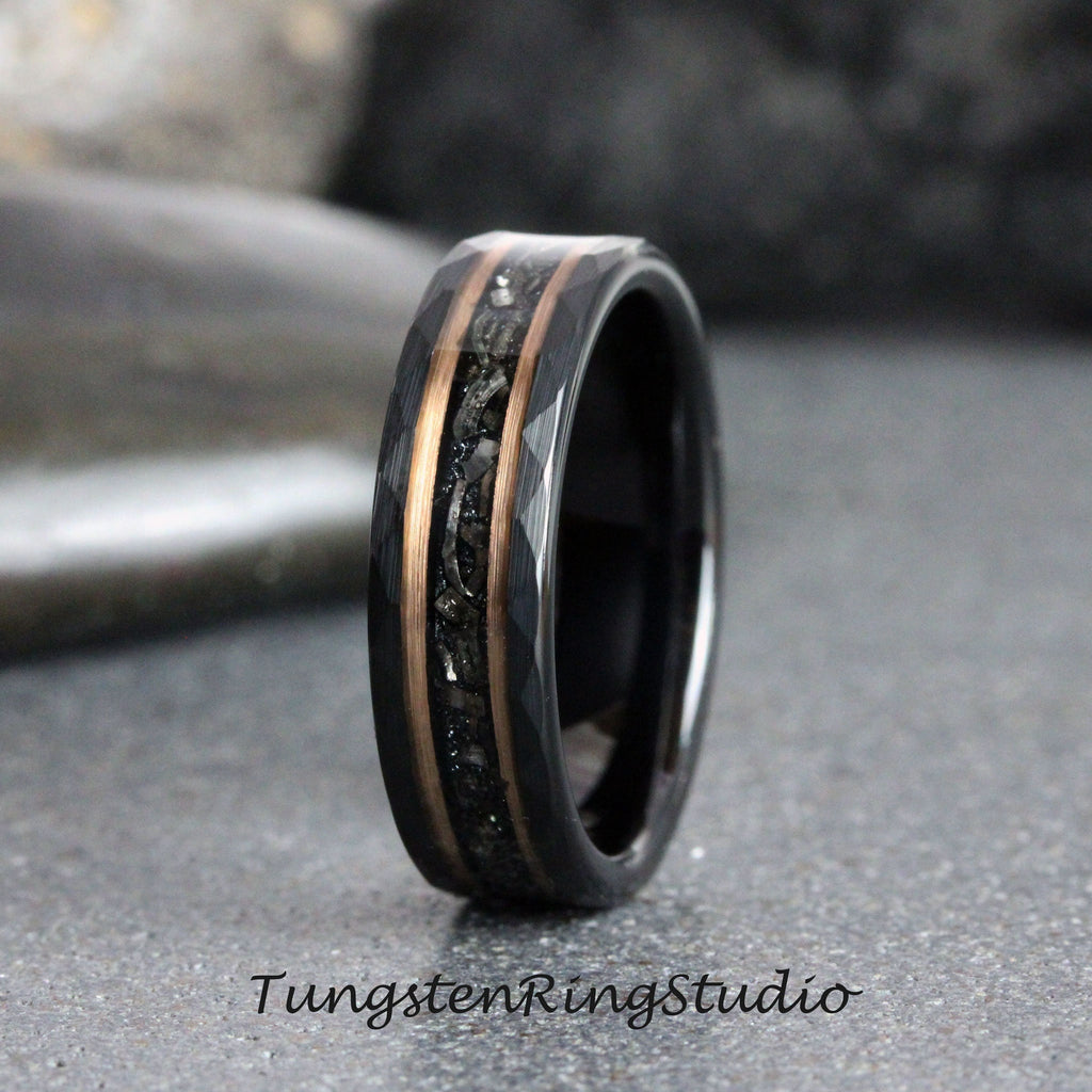 6mm Meteorite Ring, Black Hammered Rose Gold Strip Tungsten Wedding Rings Stripe Gibeon Meteorite Bands Anniversary Mans Mens Ring