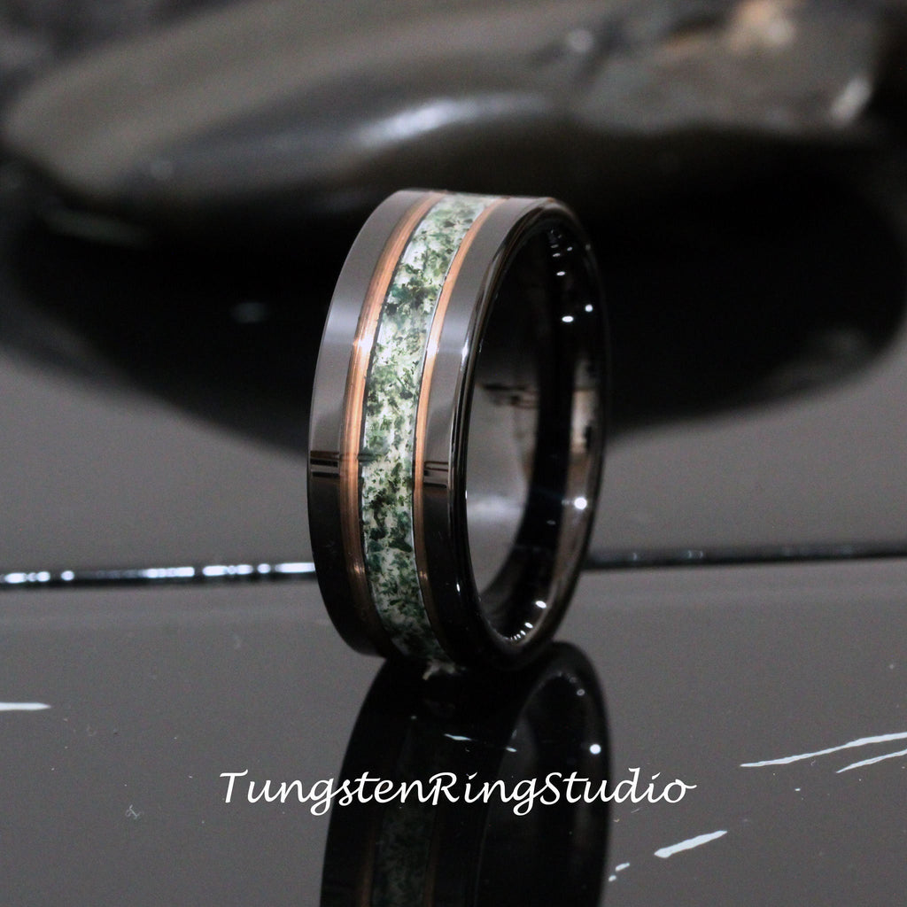 Polish Green Moss Agate Black Rose Gold Accent Ring 8mm Tungsten Wedding Ring Eco-Friendly Men Wedding Band Moss Agate Black Ring Mens Ring