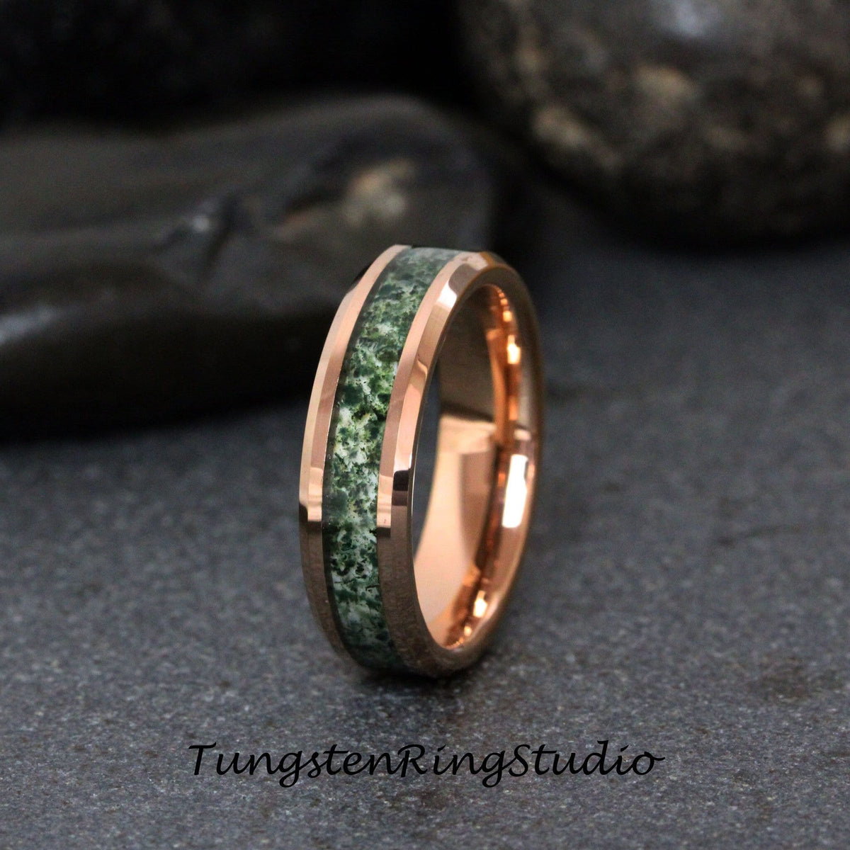 Green Moss Agate Ring Rose Gold Beveled Tungsten Mens Ring Womens Wedding Ring Wedding Band Anniversary Ring Engagement Promise Ring 4 6 8mm