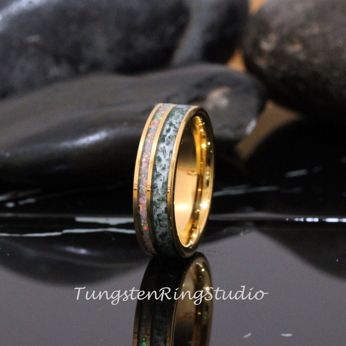 6mm Combo Moss Agate Fire White Opal Wedding Ring 8mm 6mm Yellow Gold Tungsten Wedding Ring Eco-Friendly Men Band Mens Ring Men & Women Ring