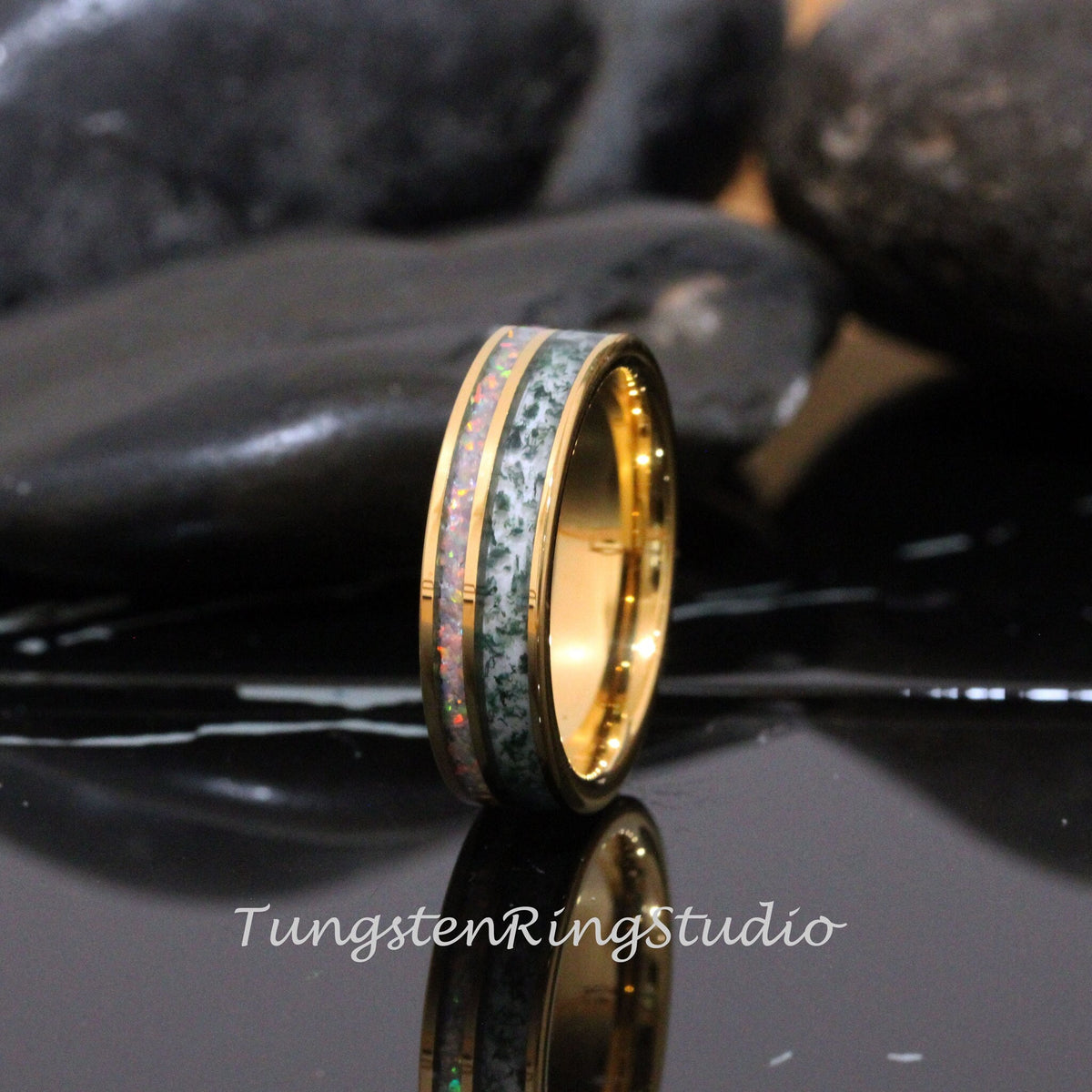 6mm Moss Agate Fire White Opal Wedding Ring 8mm 6mm Yellow Gold Tungsten Wedding Ring Eco-Friendly Men Band Mens Ring Men & Women Ring