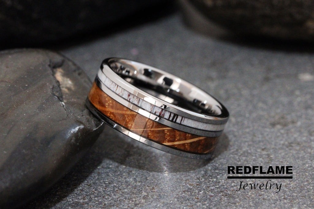 Mens Whiskey Barrel Mens Deer Antler Ring Wood Wedding Silver Gray Tungsten Carbide Anniversary Band 8mm Band Unilateral Inlay Ring