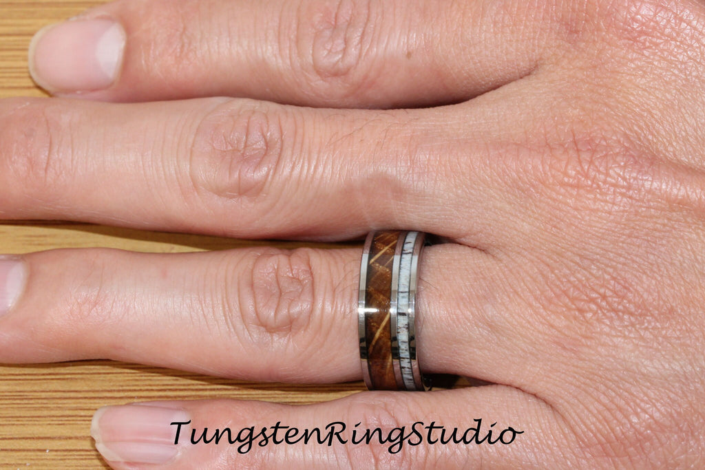 Mens Whiskey Barrel Mens Deer Antler Ring Wood Wedding Silver Gray Tungsten Carbide Anniversary Band 8mm Band Unilateral Inlay Ring